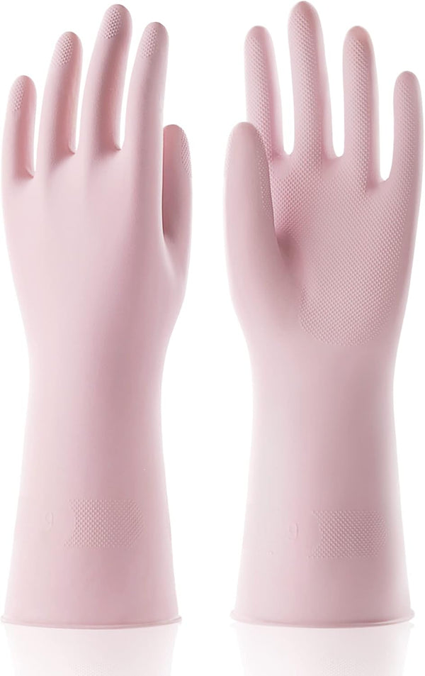 COOLJOB Small Reusable Rubber Dishwashing Gloves ¦ Non-Slip Grippy Long Gloves with Flocked Cotton Liner, Lt Pink, 1