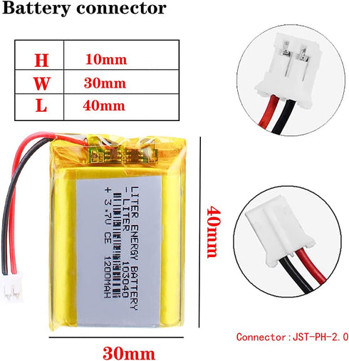 3.7V 1200mAh Lipo Battery, 103040 Lithium Polymer Ion Battery with JST Connector, Rechargeable Lithium Ion