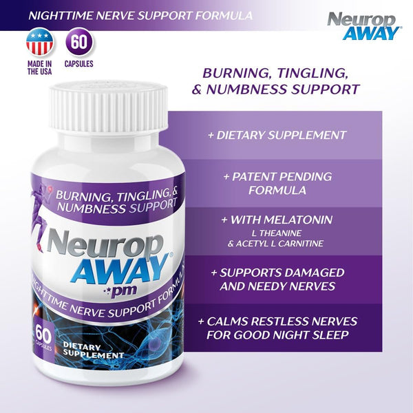 NeuropAWAY Nerve Support PM, 60 Capsules with R-Alpha Lipoic Acid for Nerve Relief