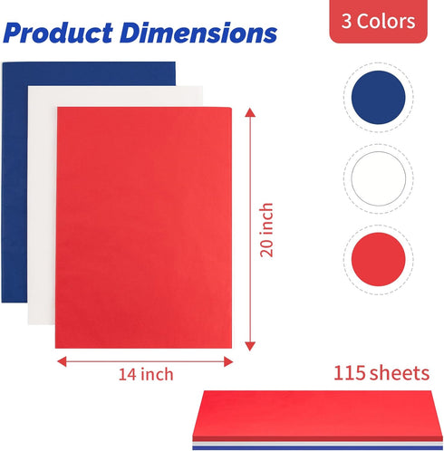 Simetufy Red White and Blue Tissue Paper, 115 Sheets 14 x 20 Inches for Patriotic Gift Wrapping