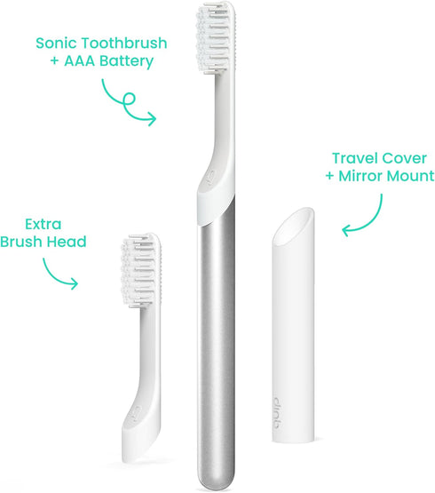 Quip Sonic Toothbrush for Adults, Timer, Extra Brush Head, Travel Cover Mount, Metal Handle, Silver