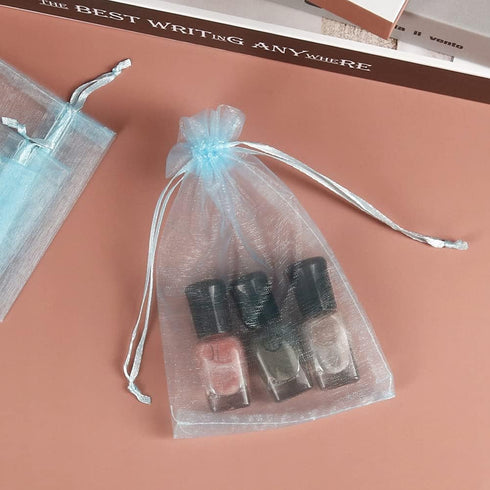 HRX Package 100pcs Organza Favor Bags 4 x 6 inch, Light Blue Mesh Drawstring Sheer Jewelry Pouches for Baby Shower Party