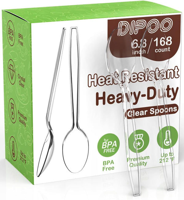 168pc Heavy Duty Clear Plastic Spoons, 6.8" Heat Resistant & BPA Free, Durable Disposable Cutlery for Party Supply
