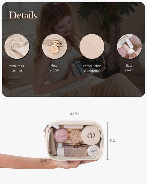 Pocmimut PU Leather Clear Makeup Bag, Travel Essentials Cosmetic Organizer for Women (Beige)