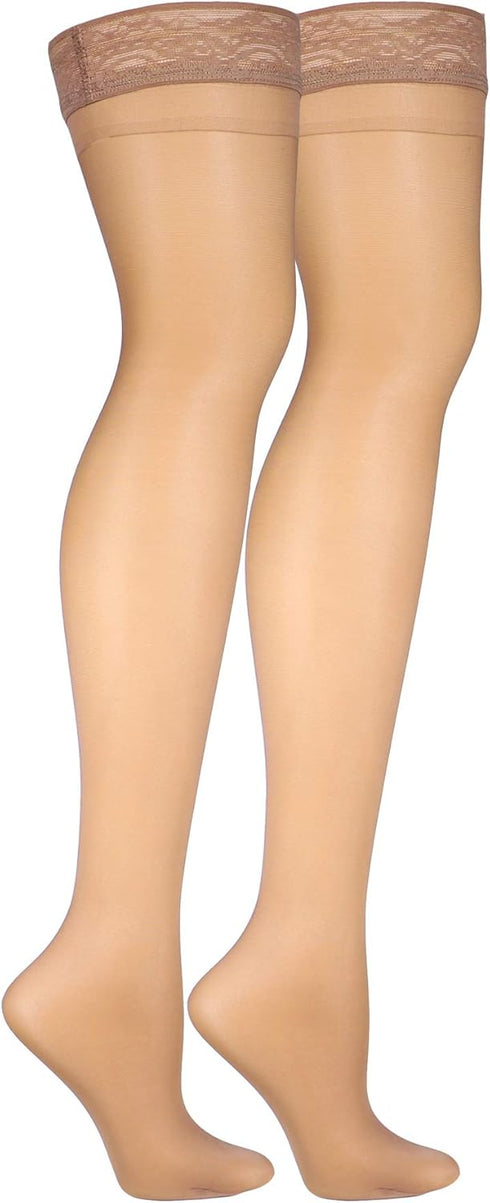 Sheer Compression Stockings, 8-15 mmHg, Women's Thigh High Length, 20 Denier, Beige, Large