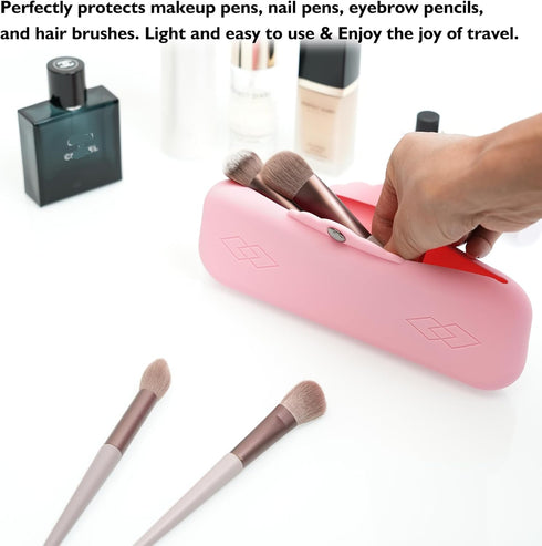 Silicone Makeup Brush Holder Bags, Cosmetic Case with Magnetic-Metal-Buttons for Travel Storage