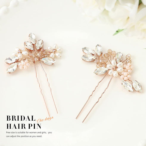 Unicra Bridal Hair Pins, Pack of 2 Rose Gold Crystal Flower Hair Accessories for Women and Girls Party Hair Clips