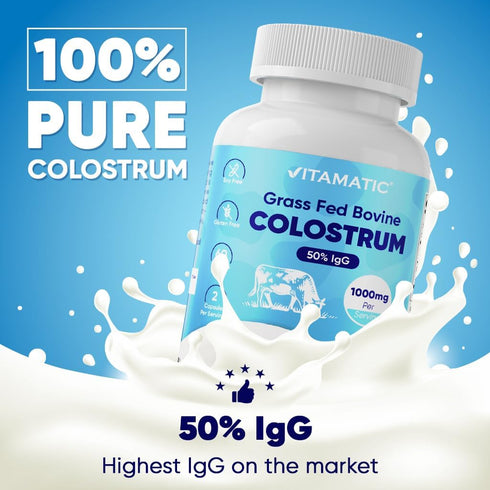 Vitamatic Bovine Colostrum Supplement 1000 mg - 50% Highest IgG for Gut Health, Hair Growth, Muscle Recovery, 120