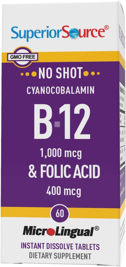 Superior Source No Shot Vitamin B12 Cyanocobalamin (1000 mcg), Folic Acid (400 mcg), 60 Ct, Quick Dissolve Tablets