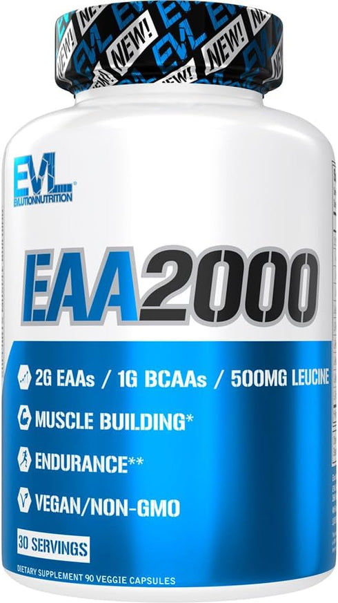 Evlution Nutrition EAA2000, Pre & Post Workout Capsules, Muscle Building + Recovery Supplement, 30 Servings