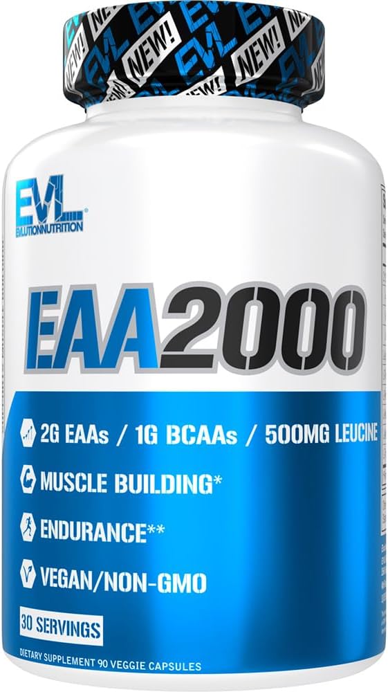 Evlution Nutrition EAA2000, Pre & Post Workout Capsules, Muscle Building + Recovery Supplement, 30 Servings