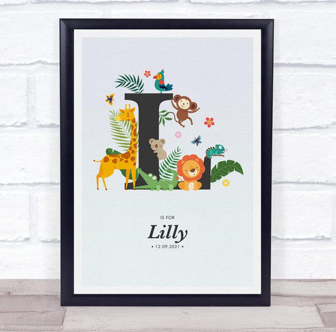 The Card Zoo Jungle Animals Initial L Baby Birth Details Nursery Christening Gift Print