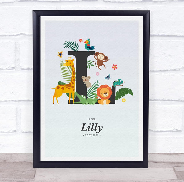 The Card Zoo Jungle Animals Initial L Baby Birth Details Nursery Christening Gift Print
