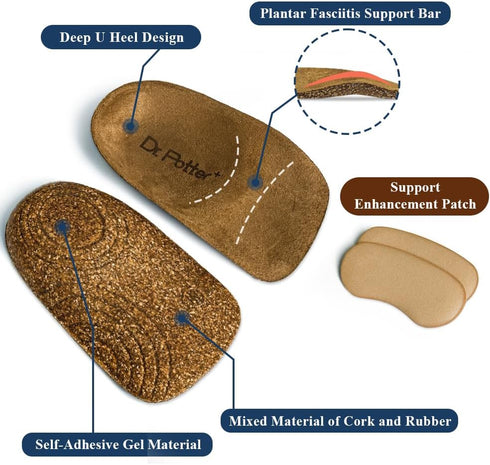 W5.5-8.5 M5.5-7.5) DR. POTTER+ Heel Cups for Plantar Fasciitis Relief, Cork Heel Cushions for Heel Pain and Achilles
