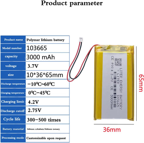 Liter energy battery 3.7V 103665 3000mAh Pack 1.25mm Lithium Polymer ion Battery Rechargeable Polymer Battery with JST