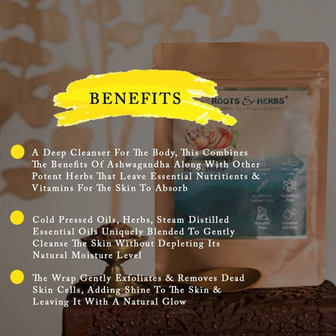 ROOTS AND HERBS Ayurvedic Body Wrap Shower Powder for Women & Men - Vegan, Paraben Free, No SLS