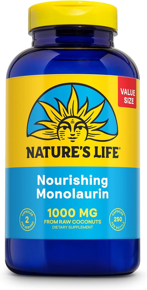 Nature's Life Monolaurin 1000 mg - Immune Support Supplement from Natural Raw Coconut, 250 Vegetarian Capsules