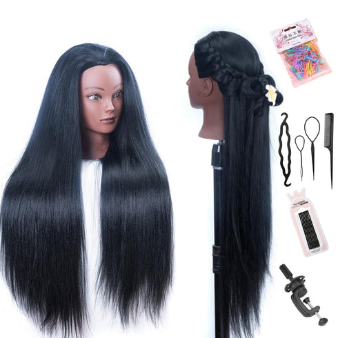 Mannequin Head with Hair - 26" Hair Styling Doll Head with Table Clamp Stand Included (Black YK)
