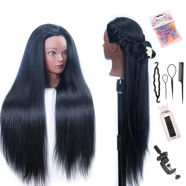 Mannequin Head with Hair - 26" Hair Styling Doll Head with Table Clamp Stand Included (Black YK)