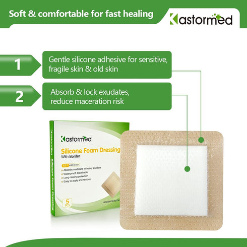 Silicone Foam Dressing, Waterproof Wound Dressing with Gentle Adhesive, 5 Layer High Absorbency, 6'' x 6'', 5 Pack