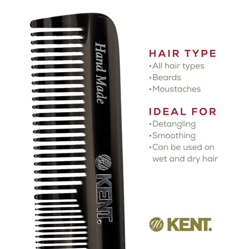 Kent OT Black Graphite Pocket Comb - Handmade Fine and Wide Tooth Hair Comb for Men, Women, Kids