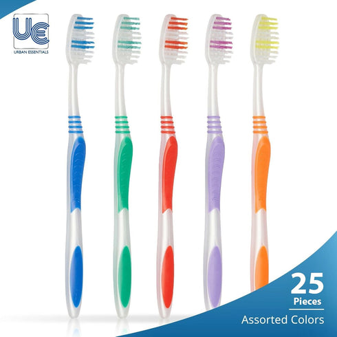 Urban Essentials Bulk Toothbrush Package with Covers, 25 Pack, Extra Soft Toothbrush with Ergonomic Handle