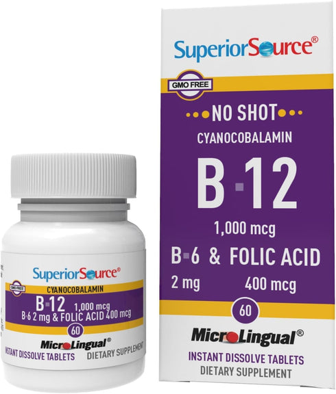 Superior Source No Shot Vitamin B-12, 1000 mcg, B-6, Folic Acid 400 mcg, 60 Sublingual Tablets