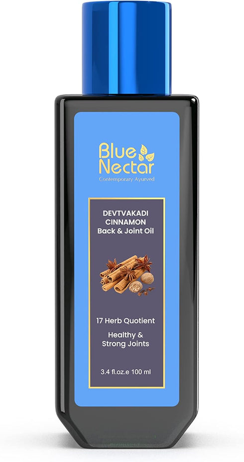 Blue Nectar Ayurvedic Oil for Back, Joint & Shoulder Pain with Cinnamon & Clove Essential Oils (17 Herbs, 3.38 Fl oz)
