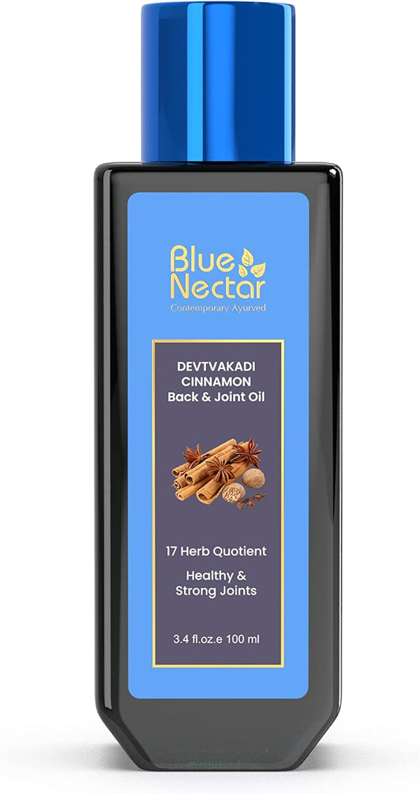 Blue Nectar Ayurvedic Oil for Back, Joint & Shoulder Pain with Cinnamon & Clove Essential Oils (17 Herbs, 3.38 Fl oz)