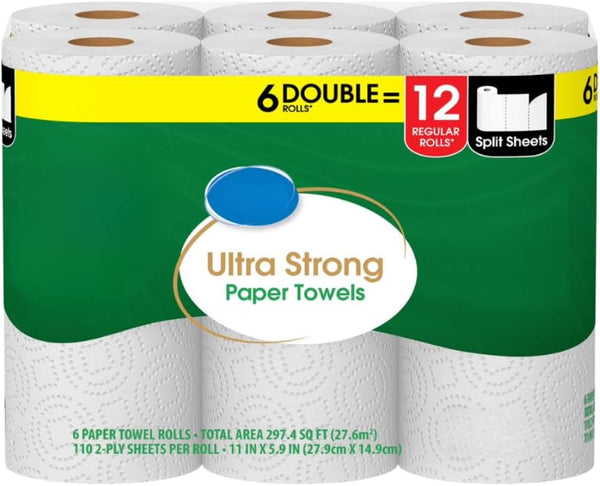 O2ktb Ultra Strong Paper Towels, 6 Double Rolls Thick, Absorbent, Multi-Surface Cleaning Towels