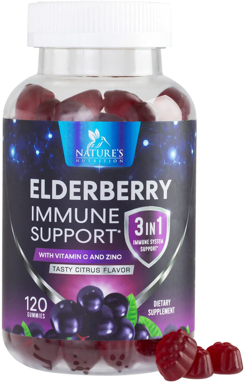 Sambucus Elderberry Immune Gummies, 120 Gummies, Daily Support with Vitamin C, D3, Zinc, Gluten Free Non-GMO
