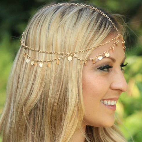 Yean Gold Sequins Head Chain, Boho Festival Forehead Hair Jewelry for Women and Girls, Halloween Costume Headpiece