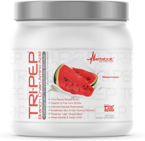 Metabolic Nutrition TRIPEP - Tri-Peptide BCAA Powder, Pre Intra Post Workout Supplement, Watermelon, 400 Grams