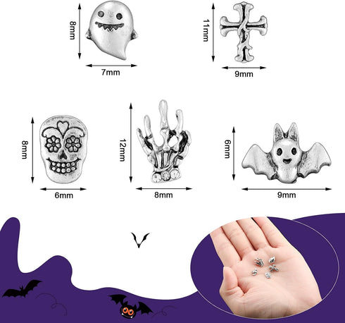 Leelosp 100 Pieces Halloween 3D Nail Charms Skull Ghost Bat Skeleton Punk Hand Shape Metal Alloy Decor for DIY Nail
