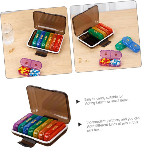 IMIKEYA Weekly Pill Organizer Box Portable Daily Medicine Storage Case with Colorful Black Shell, Reminder, Compact
