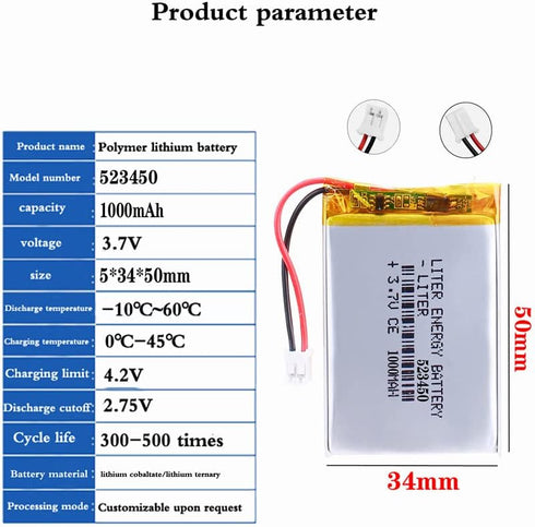 3.7V 523450 1000mAh Lithium Polymer ion Battery Rechargeable Polymer Battery Pack with JST 2.0mm Connector