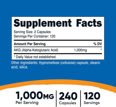 Nutricost AKG Alpha Ketoglutaric Acid Supplement 1,000 mg, 240 Capsules, 120 Servings Per Bottle - Powerful Precursor to Glutamine & Arginine, Energy Support Supplement