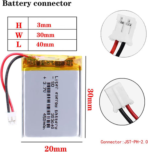 3.7V 450mAh Lipo Battery Rechargeable Lithium Polymer 303040 with JST Connector