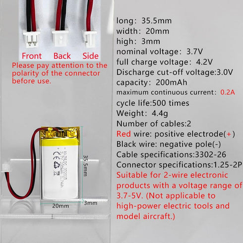 DC 3.7V 200mAh 302035 Rechargeable Lithium Polymer Battery, Suitable for DIY 3.7-5V Electronic Products with Built-in 2-Wire Battery Replacement and LED Lights
