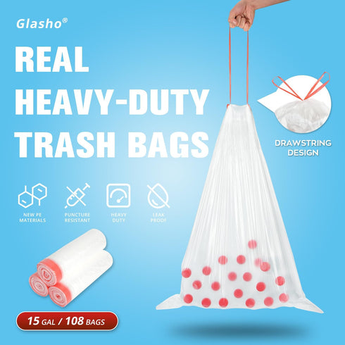 Heavy Duty 15 Gallon Drawstring Trash Bags, 108 Count Ultra Thick Strong Plastic Garbage Bags, Clear Unscented Trash Can Liners for Tall Kitchen Office Lawn Yard by glasho