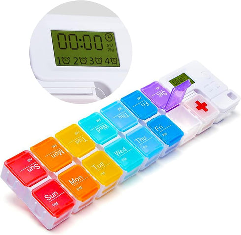 7 Day Pill Organizer with 4 Reminder Alarms, Loud Sound, 14 Large Compartments, Moisture-Proof Design