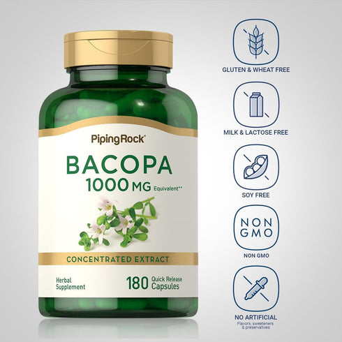 Piping Rock Bacopa Monnieri Capsules 1000 mg | 180 Count | Herbal Extract Supplement | Gluten Free, Non-GMO