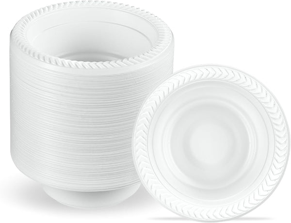 PLASTICPRO 100 PCS White Plastic Bowls - 5 oz Premium Quality Disposable Dishes for Parties