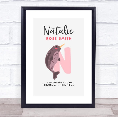 The Card Zoo New Baby Birth Details Christening Nursery Initial N Narwhal Keepsake Gift Print