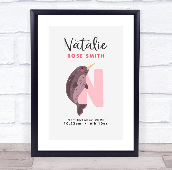 The Card Zoo New Baby Birth Details Christening Nursery Initial N Narwhal Keepsake Gift Print
