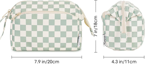 Narwey Large Mint Green Checkerboard Makeup Bag, Wide-open Travel Cosmetic Organizer
