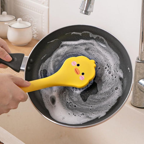 2 PCS Yellow Duck +Yellow chicken Dish Brush Handle Built-in Scraper, Scrub Brush for Pans, Pots, Kitchen Sink Cleaning by Ximimark