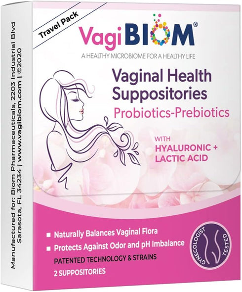 VagiBiom Probioitc Suppository Convenient Travel Pack with 2 Suppositories: Microbiome Flora Balance.