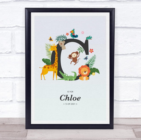 The Card Zoo Jungle Animals Initial C Baby Birth Details Nursery Christening Gift Print
