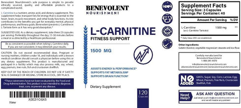 Premium L-Carnitine Tartrate Supplement, 1500mg for Energy, Lean Muscle Gain, 120 Non-GMO Capsules